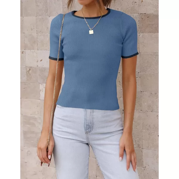 imageZESICA Womens Short Sleeve Crewneck Ribbed Knit Slim Fit T Shirt 2024 Summer Basic Casual Color Block Tee TopsDustyblue