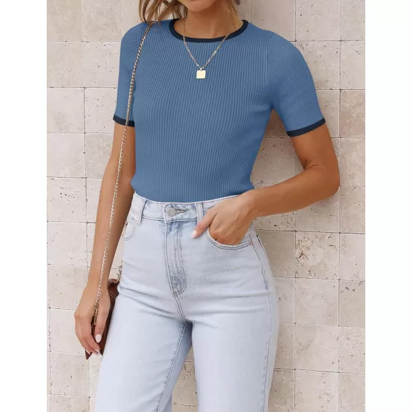 imageZESICA Womens Short Sleeve Crewneck Ribbed Knit Slim Fit T Shirt 2024 Summer Basic Casual Color Block Tee TopsDustyblue
