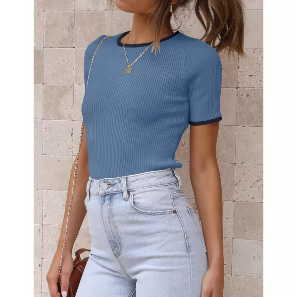 imageZESICA Womens Short Sleeve Crewneck Ribbed Knit Slim Fit T Shirt 2024 Summer Basic Casual Color Block Tee TopsDustyblue