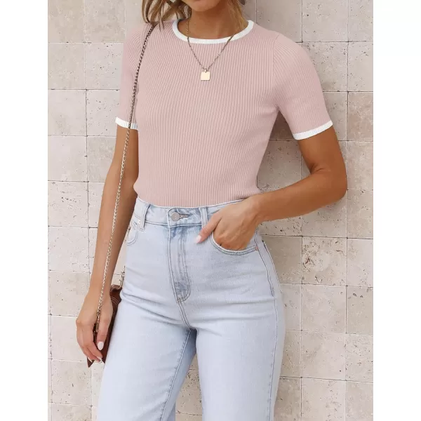 imageZESICA Womens Short Sleeve Crewneck Ribbed Knit Slim Fit T Shirt 2024 Summer Basic Casual Color Block Tee TopsDustypink