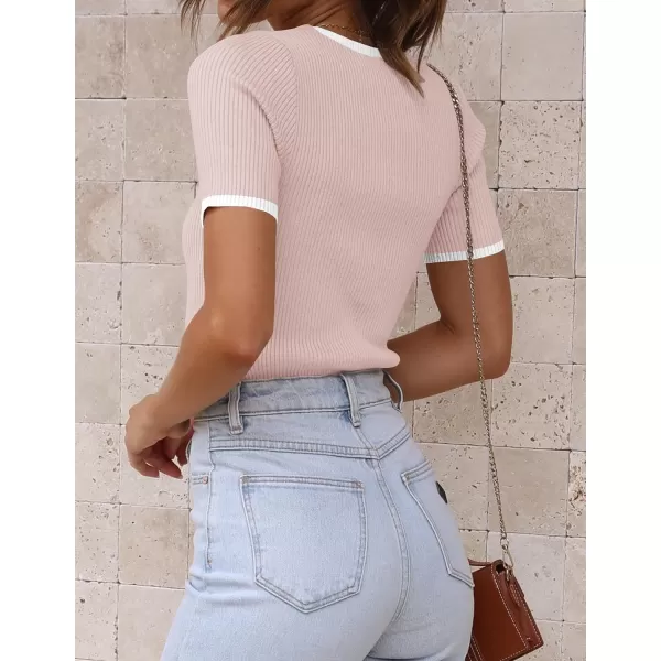 imageZESICA Womens Short Sleeve Crewneck Ribbed Knit Slim Fit T Shirt 2024 Summer Basic Casual Color Block Tee TopsDustypink