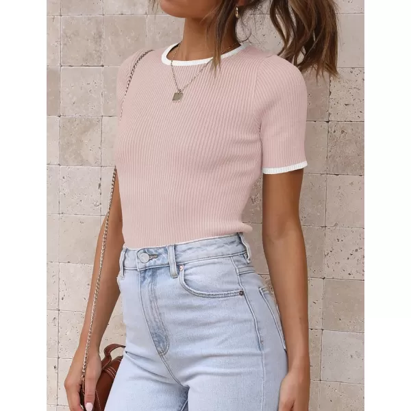 imageZESICA Womens Short Sleeve Crewneck Ribbed Knit Slim Fit T Shirt 2024 Summer Basic Casual Color Block Tee TopsDustypink