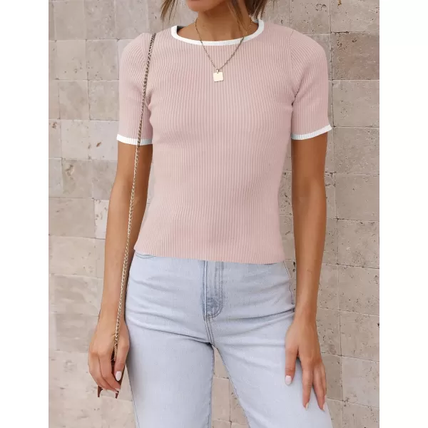 imageZESICA Womens Short Sleeve Crewneck Ribbed Knit Slim Fit T Shirt 2024 Summer Basic Casual Color Block Tee TopsDustypink