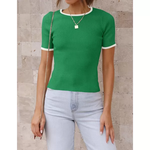 imageZESICA Womens Short Sleeve Crewneck Ribbed Knit Slim Fit T Shirt 2024 Summer Basic Casual Color Block Tee TopsGreen