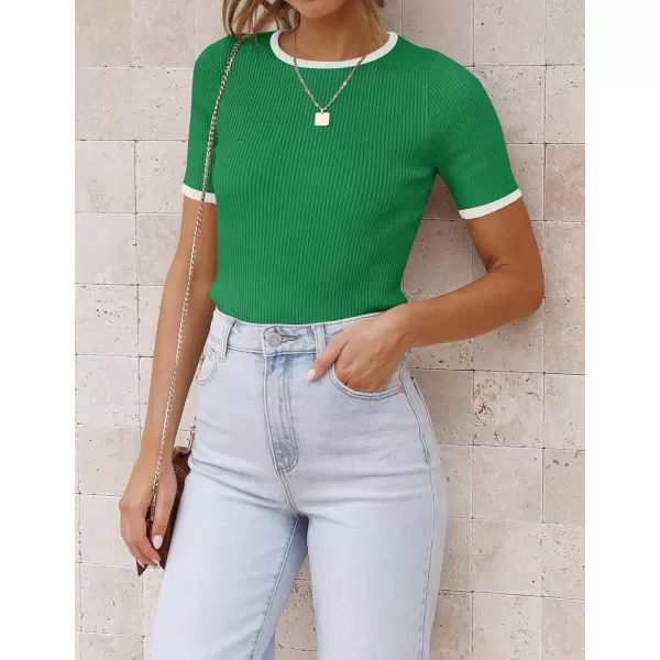 imageZESICA Womens Short Sleeve Crewneck Ribbed Knit Slim Fit T Shirt 2024 Summer Basic Casual Color Block Tee TopsGreen