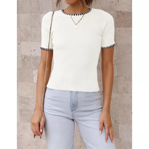 imageZESICA Womens Short Sleeve Crewneck Ribbed Knit Slim Fit T Shirt 2024 Summer Basic Casual Color Block Tee TopsIvory