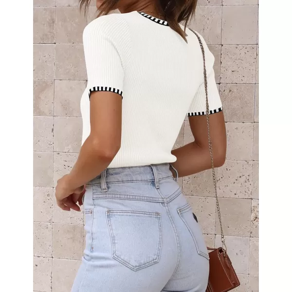 imageZESICA Womens Short Sleeve Crewneck Ribbed Knit Slim Fit T Shirt 2024 Summer Basic Casual Color Block Tee TopsIvory