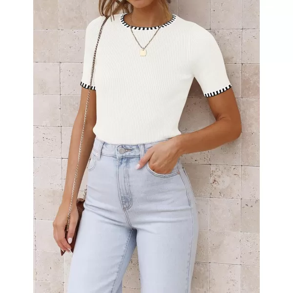 imageZESICA Womens Short Sleeve Crewneck Ribbed Knit Slim Fit T Shirt 2024 Summer Basic Casual Color Block Tee TopsIvory