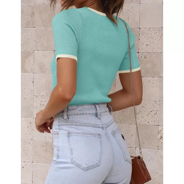 imageZESICA Womens Short Sleeve Crewneck Ribbed Knit Slim Fit T Shirt 2024 Summer Basic Casual Color Block Tee TopsMint