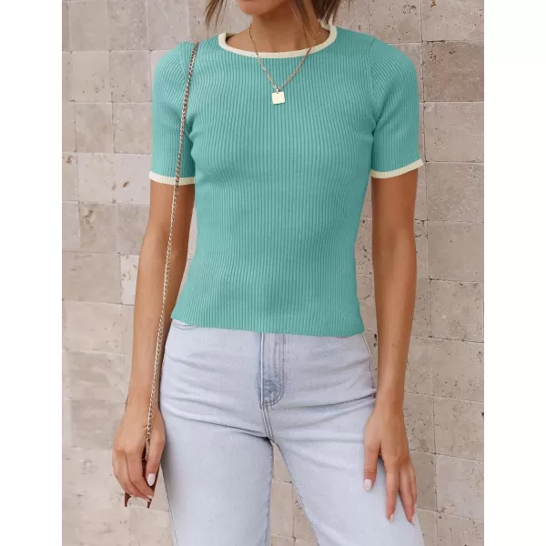 imageZESICA Womens Short Sleeve Crewneck Ribbed Knit Slim Fit T Shirt 2024 Summer Basic Casual Color Block Tee TopsMint