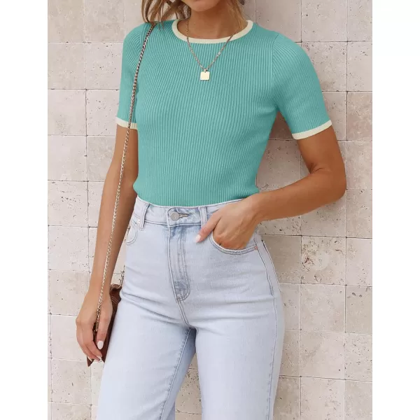 imageZESICA Womens Short Sleeve Crewneck Ribbed Knit Slim Fit T Shirt 2024 Summer Basic Casual Color Block Tee TopsMint