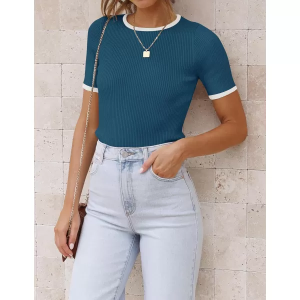 imageZESICA Womens Short Sleeve Crewneck Ribbed Knit Slim Fit T Shirt 2024 Summer Basic Casual Color Block Tee TopsNavy