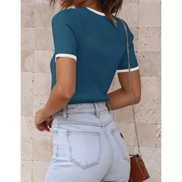 imageZESICA Womens Short Sleeve Crewneck Ribbed Knit Slim Fit T Shirt 2024 Summer Basic Casual Color Block Tee TopsNavy