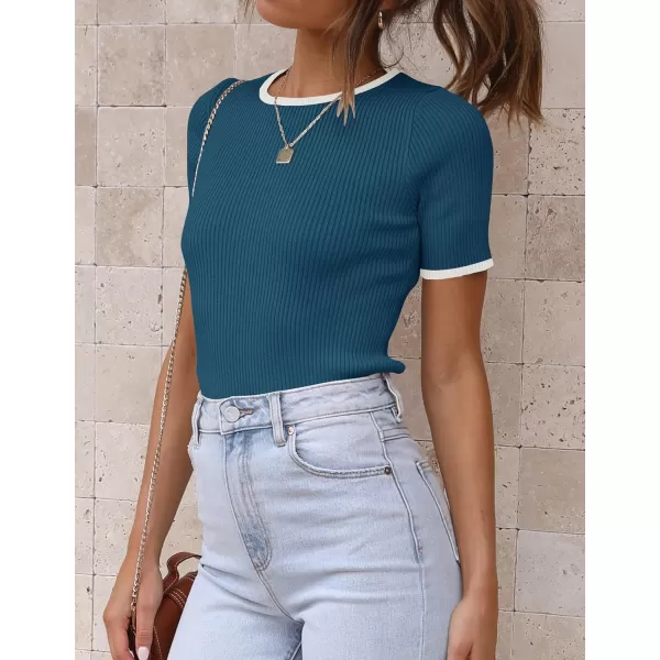 imageZESICA Womens Short Sleeve Crewneck Ribbed Knit Slim Fit T Shirt 2024 Summer Basic Casual Color Block Tee TopsNavy