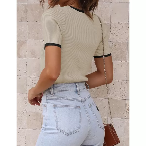 imageZESICA Womens Short Sleeve Crewneck Ribbed Knit Slim Fit T Shirt 2024 Summer Basic Casual Color Block Tee TopsOats