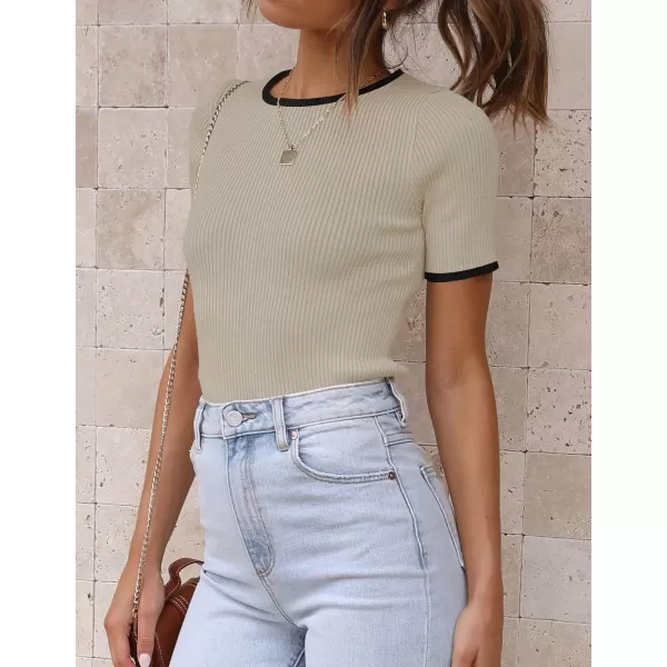 imageZESICA Womens Short Sleeve Crewneck Ribbed Knit Slim Fit T Shirt 2024 Summer Basic Casual Color Block Tee TopsOats