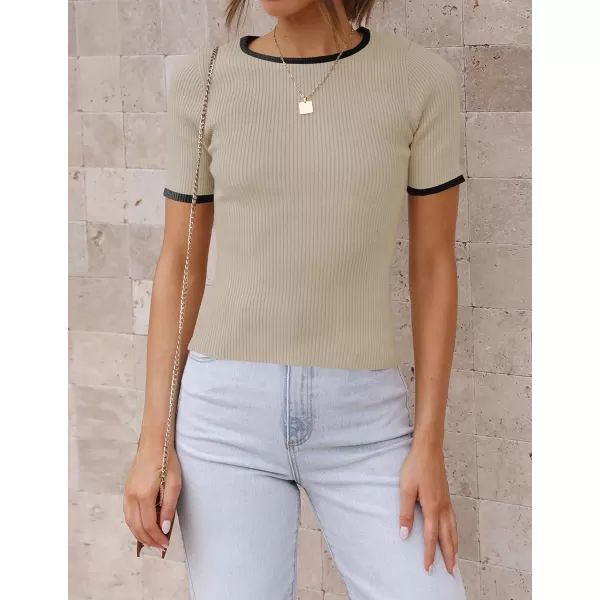 imageZESICA Womens Short Sleeve Crewneck Ribbed Knit Slim Fit T Shirt 2024 Summer Basic Casual Color Block Tee TopsOats