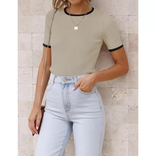 imageZESICA Womens Short Sleeve Crewneck Ribbed Knit Slim Fit T Shirt 2024 Summer Basic Casual Color Block Tee TopsOats