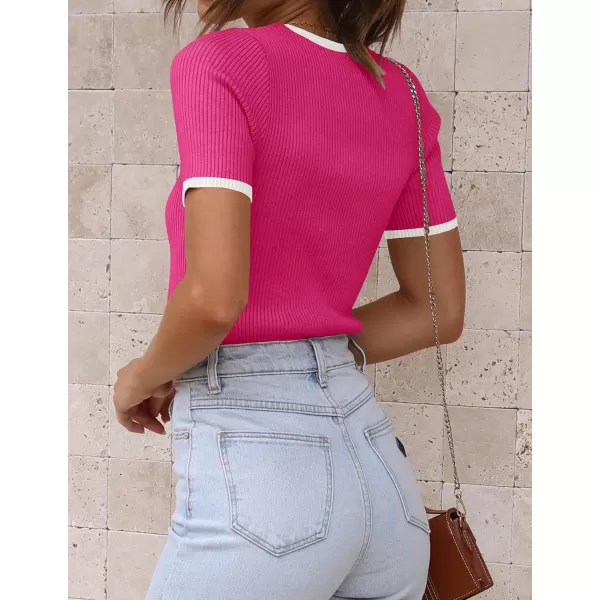 imageZESICA Womens Short Sleeve Crewneck Ribbed Knit Slim Fit T Shirt 2024 Summer Basic Casual Color Block Tee TopsRose