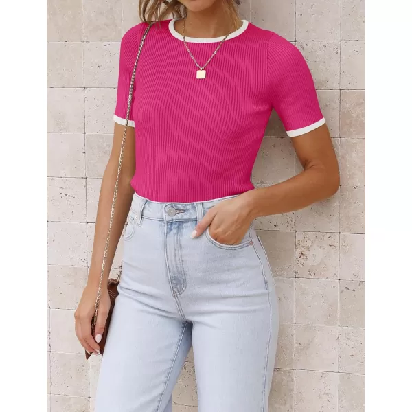 imageZESICA Womens Short Sleeve Crewneck Ribbed Knit Slim Fit T Shirt 2024 Summer Basic Casual Color Block Tee TopsRose