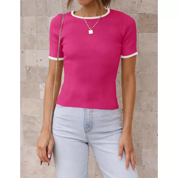 imageZESICA Womens Short Sleeve Crewneck Ribbed Knit Slim Fit T Shirt 2024 Summer Basic Casual Color Block Tee TopsRose