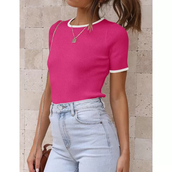 imageZESICA Womens Short Sleeve Crewneck Ribbed Knit Slim Fit T Shirt 2024 Summer Basic Casual Color Block Tee TopsRose