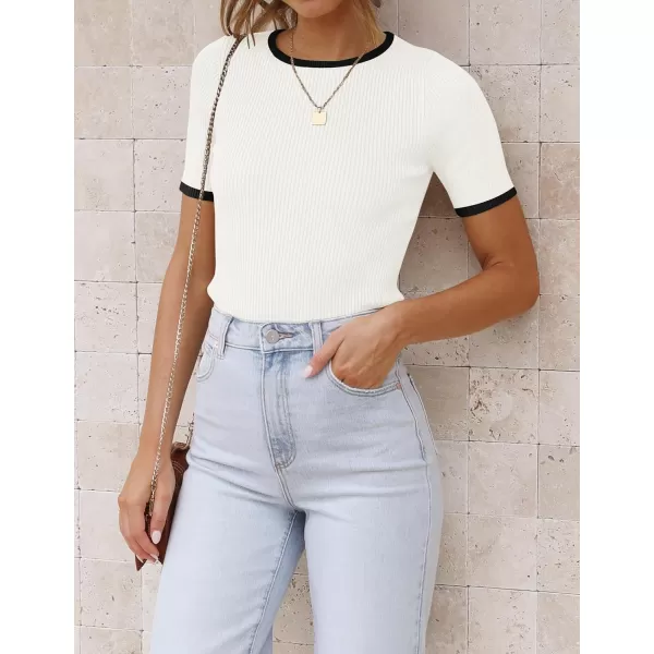 imageZESICA Womens Short Sleeve Crewneck Ribbed Knit Slim Fit T Shirt 2024 Summer Basic Casual Color Block Tee TopsWhite