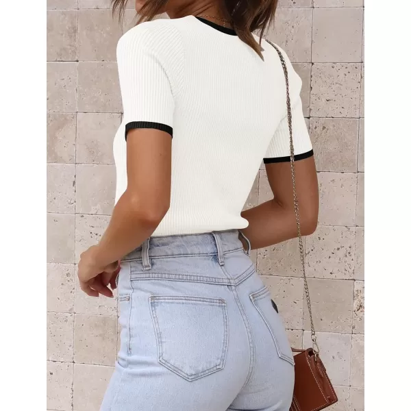 imageZESICA Womens Short Sleeve Crewneck Ribbed Knit Slim Fit T Shirt 2024 Summer Basic Casual Color Block Tee TopsWhite