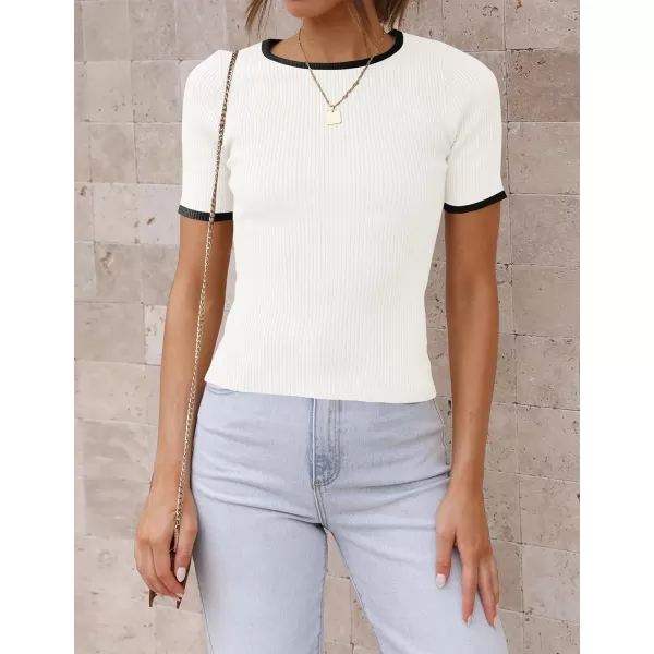 imageZESICA Womens Short Sleeve Crewneck Ribbed Knit Slim Fit T Shirt 2024 Summer Basic Casual Color Block Tee TopsWhite