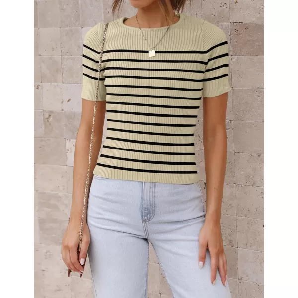 imageZESICA Womens Short Sleeve Crewneck Striped T Shirt 2024 Summer Ribbed Knit Slim Fit Casual Basic Tee TopsAlmond
