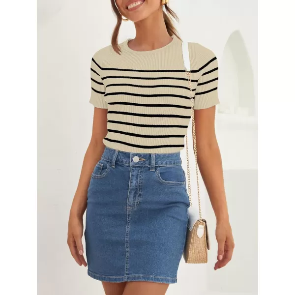 imageZESICA Womens Short Sleeve Crewneck Striped T Shirt 2024 Summer Ribbed Knit Slim Fit Casual Basic Tee TopsAlmond