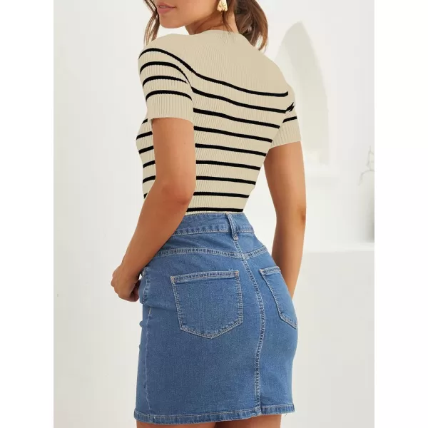 imageZESICA Womens Short Sleeve Crewneck Striped T Shirt 2024 Summer Ribbed Knit Slim Fit Casual Basic Tee TopsAlmond