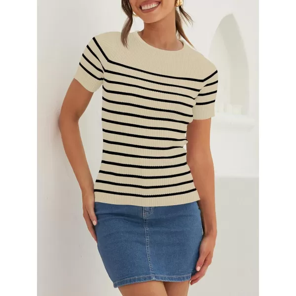 imageZESICA Womens Short Sleeve Crewneck Striped T Shirt 2024 Summer Ribbed Knit Slim Fit Casual Basic Tee TopsAlmond
