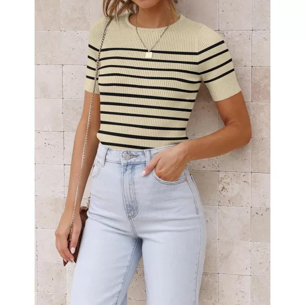 imageZESICA Womens Short Sleeve Crewneck Striped T Shirt 2024 Summer Ribbed Knit Slim Fit Casual Basic Tee TopsAlmond