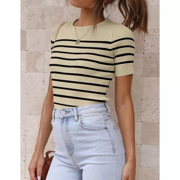 imageZESICA Womens Short Sleeve Crewneck Striped T Shirt 2024 Summer Ribbed Knit Slim Fit Casual Basic Tee TopsAlmond