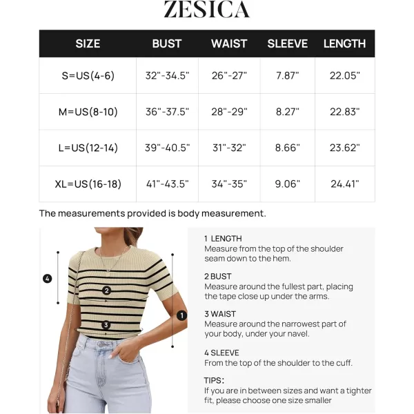 imageZESICA Womens Short Sleeve Crewneck Striped T Shirt 2024 Summer Ribbed Knit Slim Fit Casual Basic Tee TopsAlmond