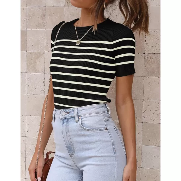 imageZESICA Womens Short Sleeve Crewneck Striped T Shirt 2024 Summer Ribbed Knit Slim Fit Casual Basic Tee TopsBlack