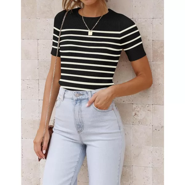 imageZESICA Womens Short Sleeve Crewneck Striped T Shirt 2024 Summer Ribbed Knit Slim Fit Casual Basic Tee TopsBlack