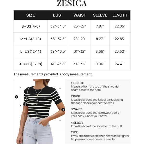 imageZESICA Womens Short Sleeve Crewneck Striped T Shirt 2024 Summer Ribbed Knit Slim Fit Casual Basic Tee TopsBlack