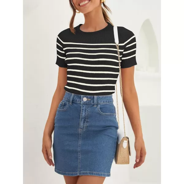 imageZESICA Womens Short Sleeve Crewneck Striped T Shirt 2024 Summer Ribbed Knit Slim Fit Casual Basic Tee TopsBlack