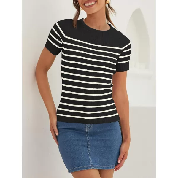 imageZESICA Womens Short Sleeve Crewneck Striped T Shirt 2024 Summer Ribbed Knit Slim Fit Casual Basic Tee TopsBlack