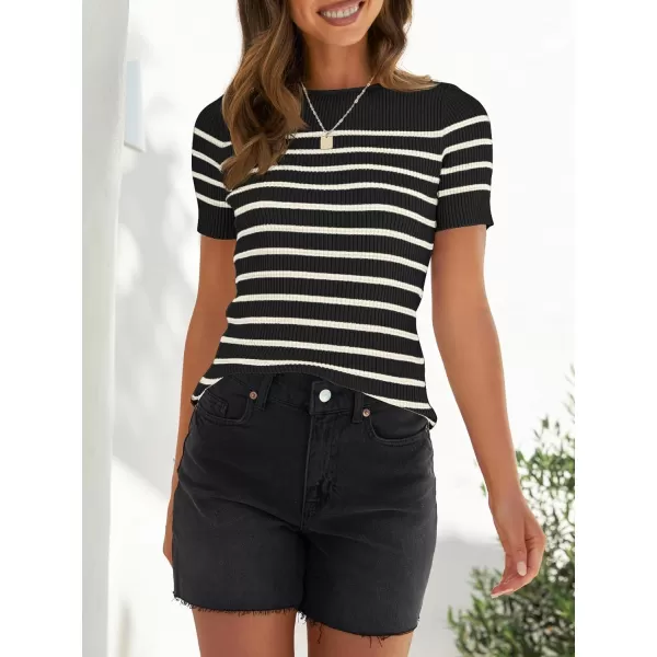 imageZESICA Womens Short Sleeve Crewneck Striped T Shirt 2024 Summer Ribbed Knit Slim Fit Casual Basic Tee TopsBlack