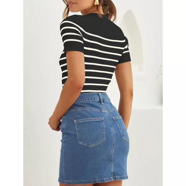 imageZESICA Womens Short Sleeve Crewneck Striped T Shirt 2024 Summer Ribbed Knit Slim Fit Casual Basic Tee TopsBlack