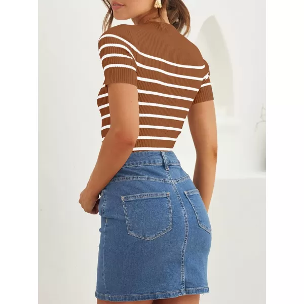 imageZESICA Womens Short Sleeve Crewneck Striped T Shirt 2024 Summer Ribbed Knit Slim Fit Casual Basic Tee TopsBrown