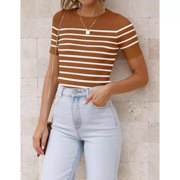 imageZESICA Womens Short Sleeve Crewneck Striped T Shirt 2024 Summer Ribbed Knit Slim Fit Casual Basic Tee TopsBrown