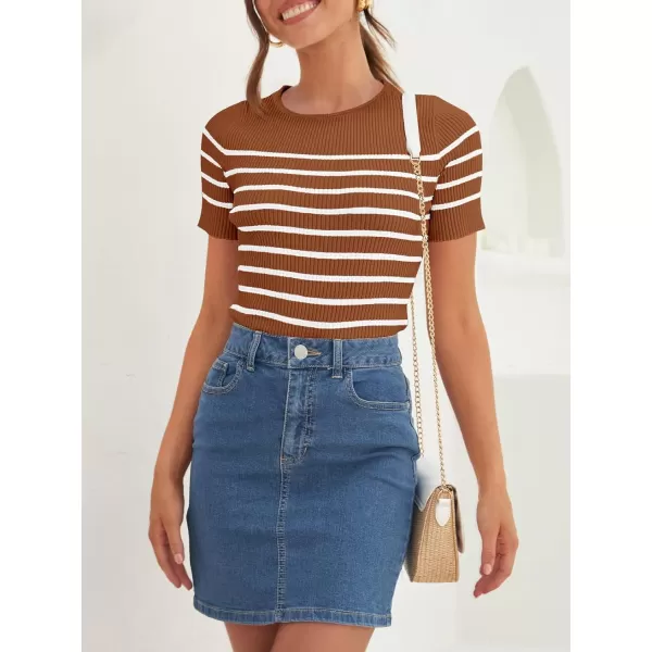 imageZESICA Womens Short Sleeve Crewneck Striped T Shirt 2024 Summer Ribbed Knit Slim Fit Casual Basic Tee TopsBrown