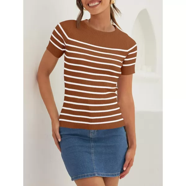 imageZESICA Womens Short Sleeve Crewneck Striped T Shirt 2024 Summer Ribbed Knit Slim Fit Casual Basic Tee TopsBrown