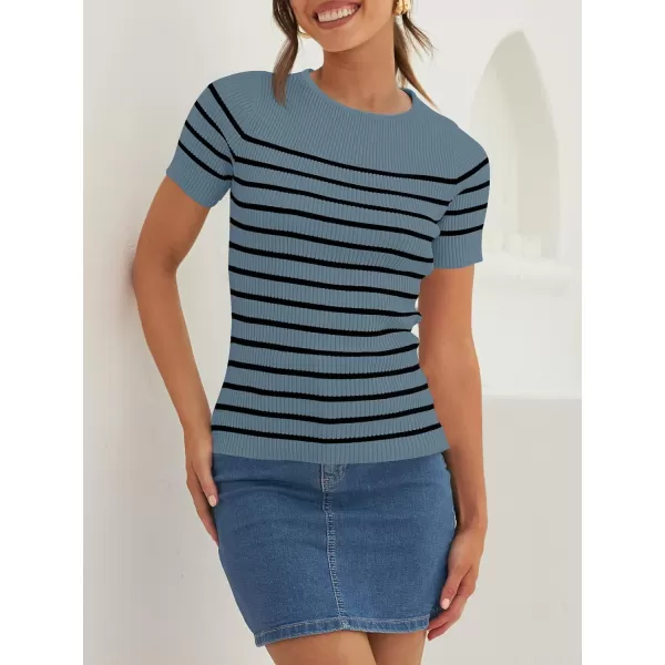 imageZESICA Womens Short Sleeve Crewneck Striped T Shirt 2024 Summer Ribbed Knit Slim Fit Casual Basic Tee TopsDarkblue