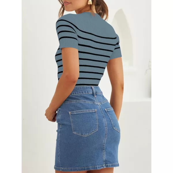 imageZESICA Womens Short Sleeve Crewneck Striped T Shirt 2024 Summer Ribbed Knit Slim Fit Casual Basic Tee TopsDarkblue