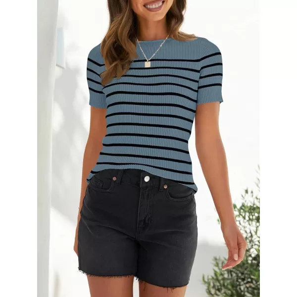 imageZESICA Womens Short Sleeve Crewneck Striped T Shirt 2024 Summer Ribbed Knit Slim Fit Casual Basic Tee TopsDarkblue